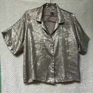 Linea Donatella Metallic Button Down Shirt Size Shiny Gold Short Sleeves Large